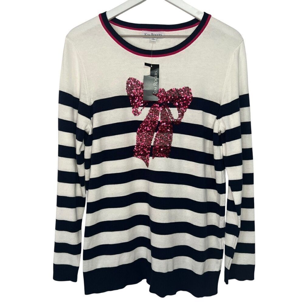 NWT Kim Rogers Intarsia Christmas Sweater size Medium Navy Striped Sequin Bow